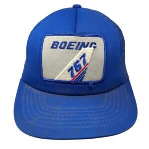 Boeing 767 Snapback Trucker Hat Blue One Size Adjustable Mesh Back Polyester
